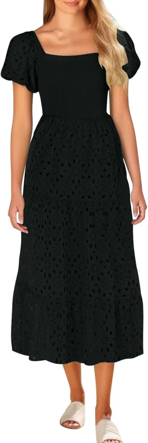 JOAU Women's 2025 Summer Boho Midi Dress Short Puff Sleeve Smocked Flowy A Line Tiered Ruffle Hollow Out Eyelet Beach Dresses