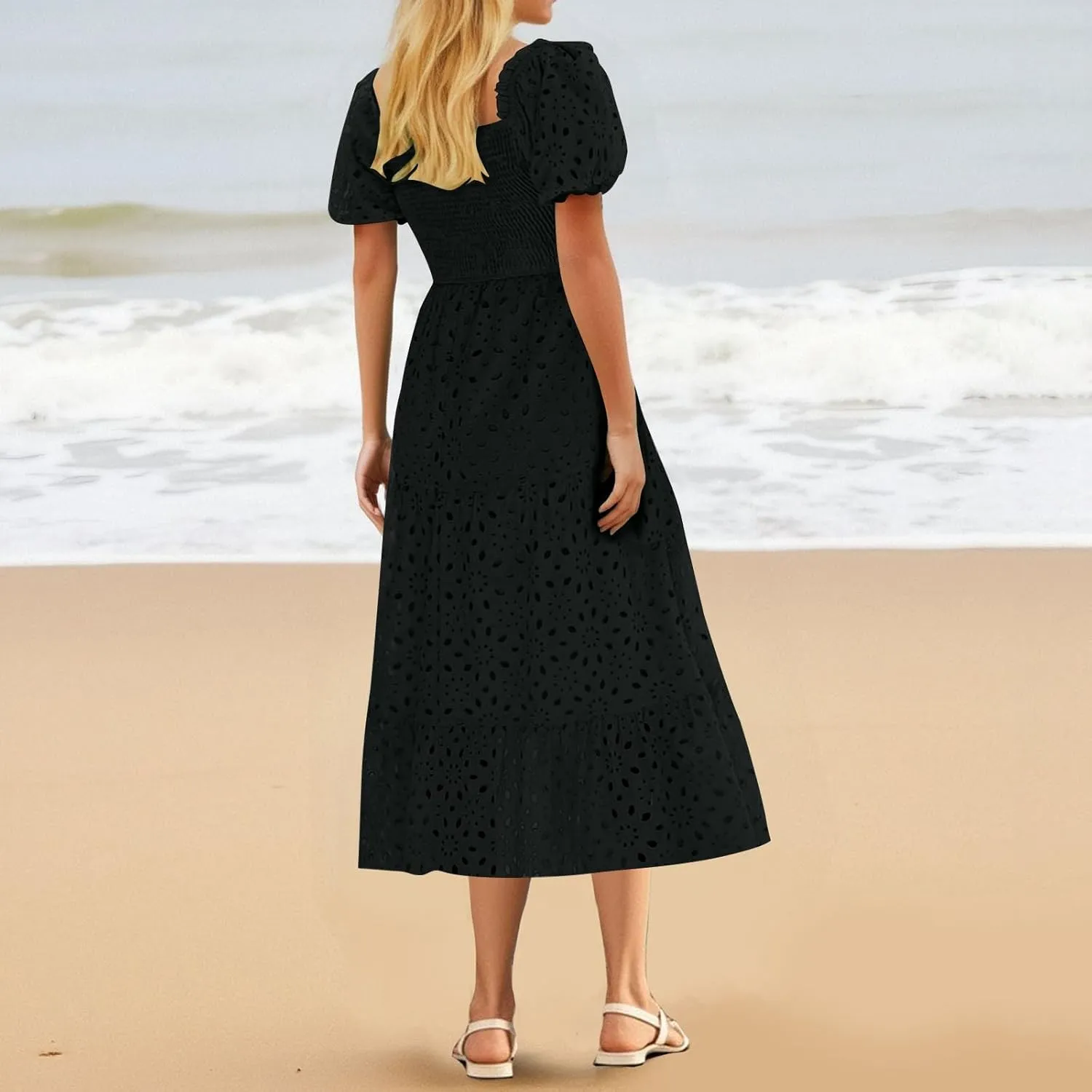 JOAU Women's 2025 Summer Boho Midi Dress Short Puff Sleeve Smocked Flowy A Line Tiered Ruffle Hollow Out Eyelet Beach Dresses