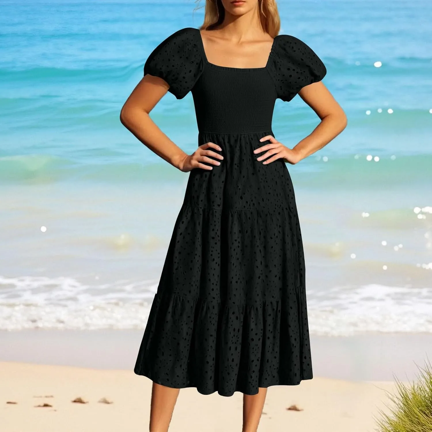 JOAU Women's 2025 Summer Boho Midi Dress Short Puff Sleeve Smocked Flowy A Line Tiered Ruffle Hollow Out Eyelet Beach Dresses