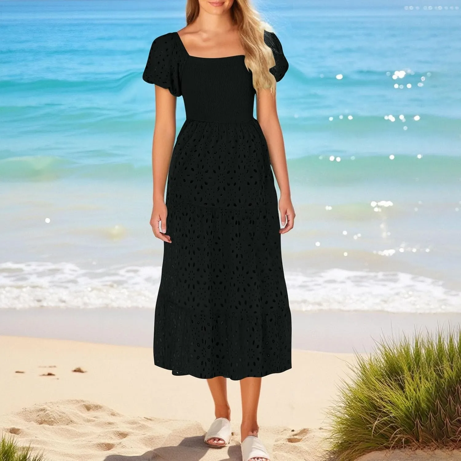 JOAU Women's 2025 Summer Boho Midi Dress Short Puff Sleeve Smocked Flowy A Line Tiered Ruffle Hollow Out Eyelet Beach Dresses