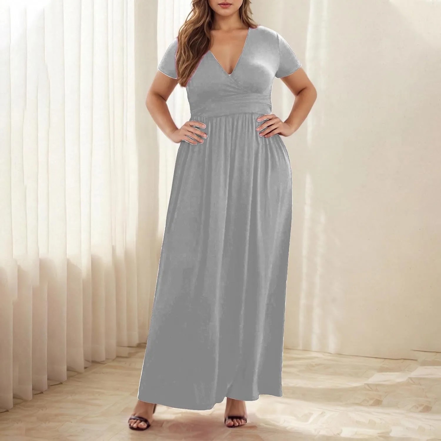 JOAU Women's Plus Size Summer Short Sleeve Maxi Dress 2025 Casual Wrap V Neck A Line Flowy Beach Long Dresses with Pockets