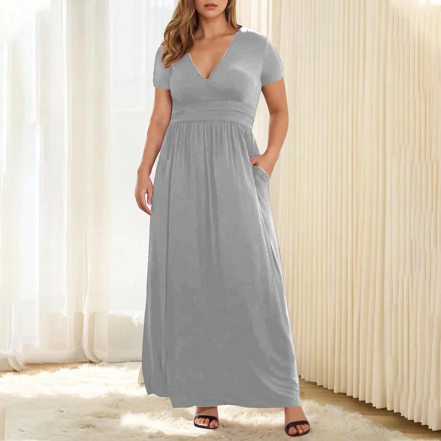 JOAU Women's Plus Size Summer Short Sleeve Maxi Dress 2025 Casual Wrap V Neck A Line Flowy Beach Long Dresses with Pockets
