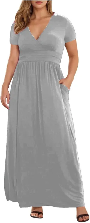 JOAU Women's Plus Size Summer Short Sleeve Maxi Dress 2025 Casual Wrap V Neck A Line Flowy Beach Long Dresses with Pockets