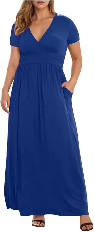 JOAU Women's Plus Size Summer Short Sleeve Maxi Dress 2025 Casual Wrap V Neck A Line Flowy Beach Long Dresses with Pockets