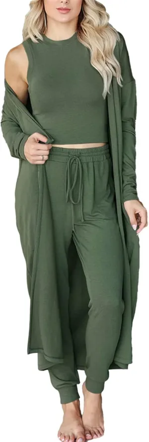 JTLB Women Pajamas Set Fall Winter Home Outfits Set 3 Piece Loungewear Set Vest Pants Cardigan Set (XXL)