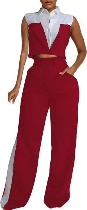 LAJIOJIO Pant Suits for Women Casual,Sleeveless Crop Vest Top and Business Pants Set with Pockets