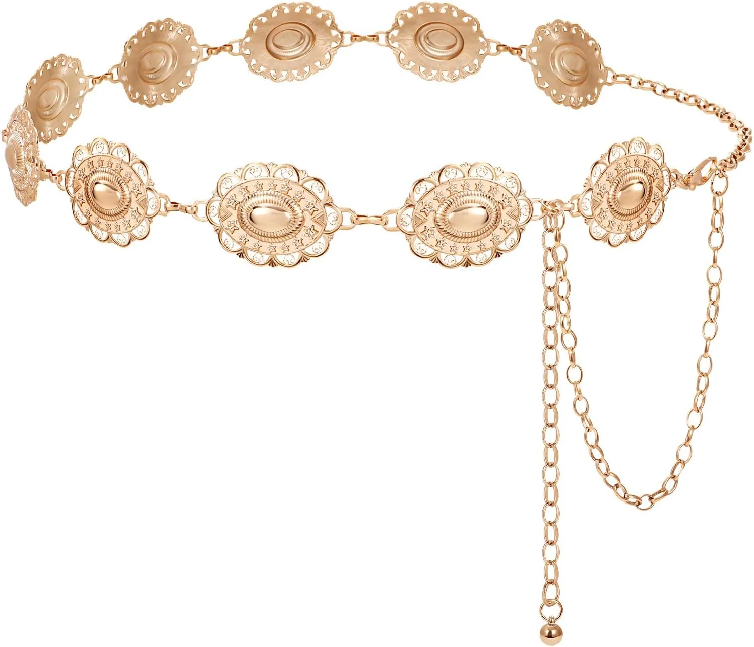 LEACOOLKEY Western Metal Concho Belt for Women Cowgirl Boho Waist Chain Belt for Dresses Jeans Pants