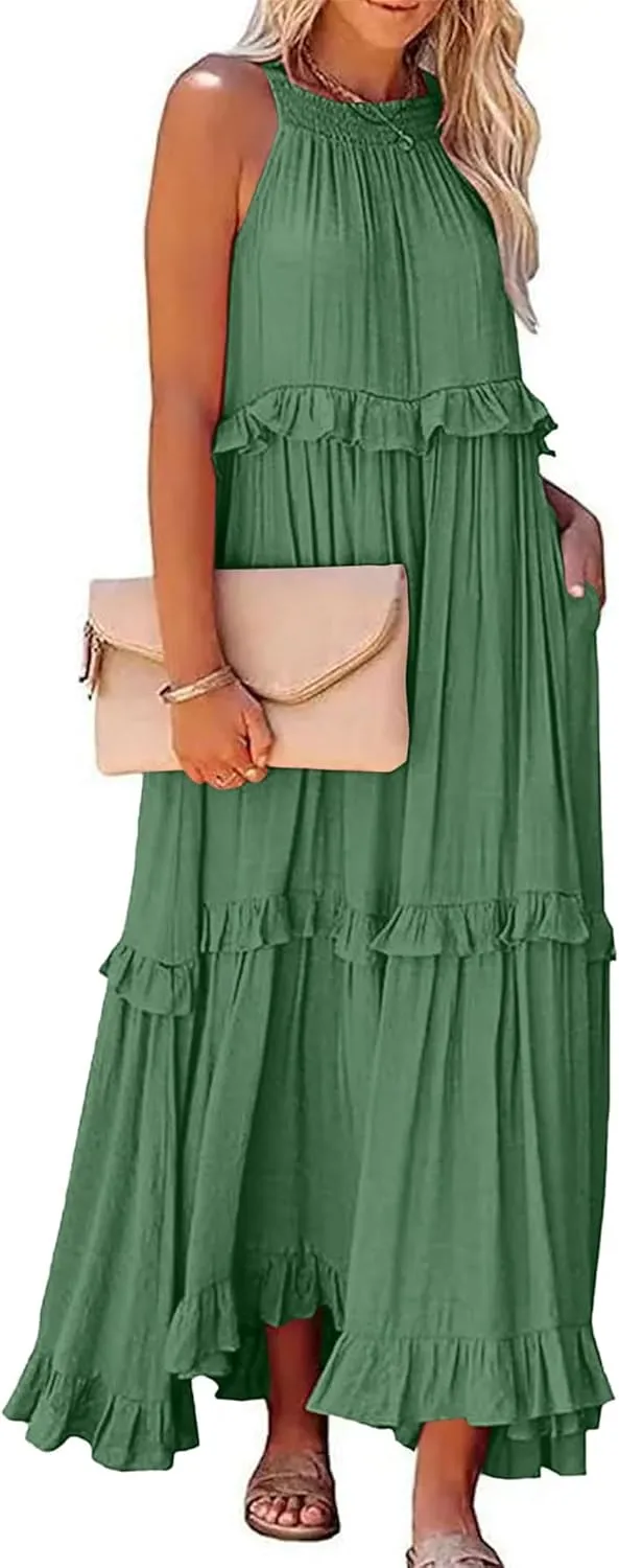 Long Summer Dresses for Women 2024 Sleeveless Halter Maxi Dress Casual Flowy Ruffle Sundress Elegant Beach Party Dress