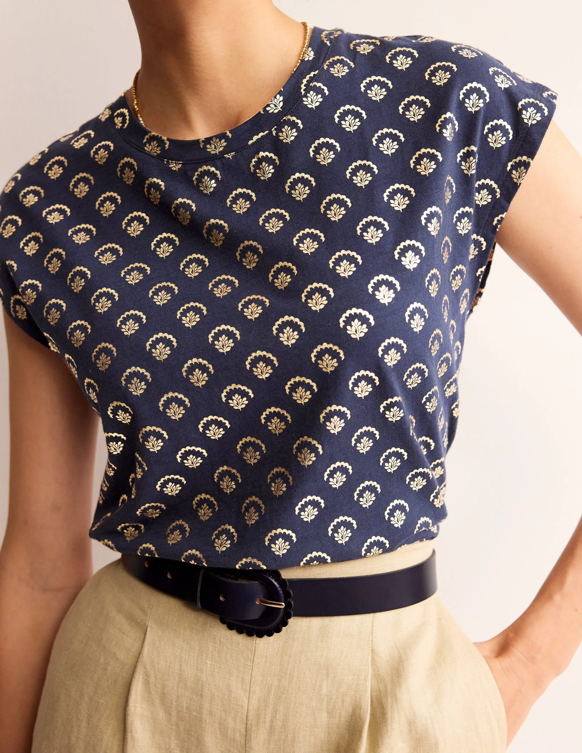 Louisa Printed Slub T-Shirt-Navy, Ditsy Vine Foil