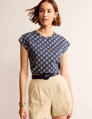 Louisa Printed Slub T-Shirt-Navy, Ditsy Vine Foil