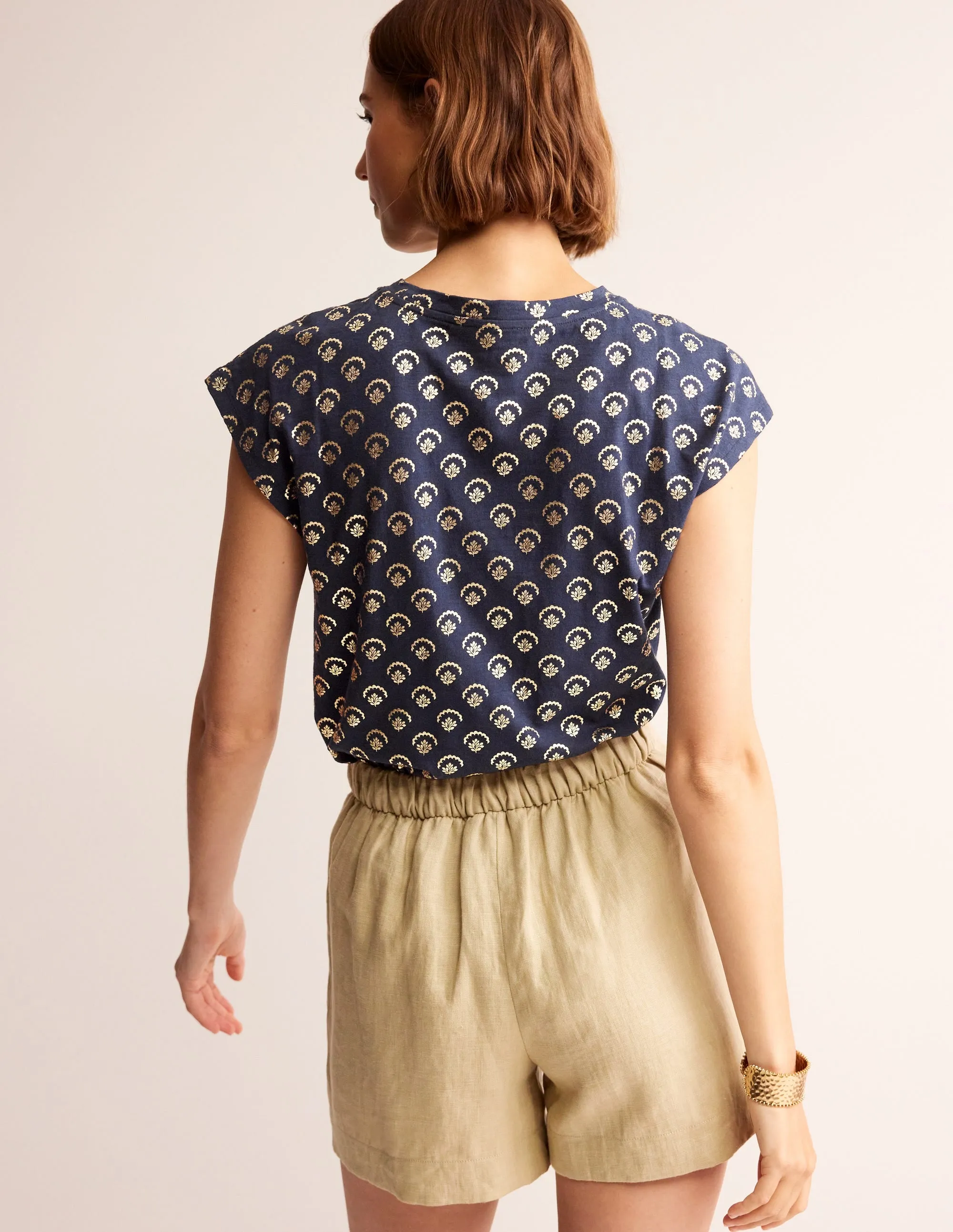 Louisa Printed Slub T-Shirt-Navy, Ditsy Vine Foil