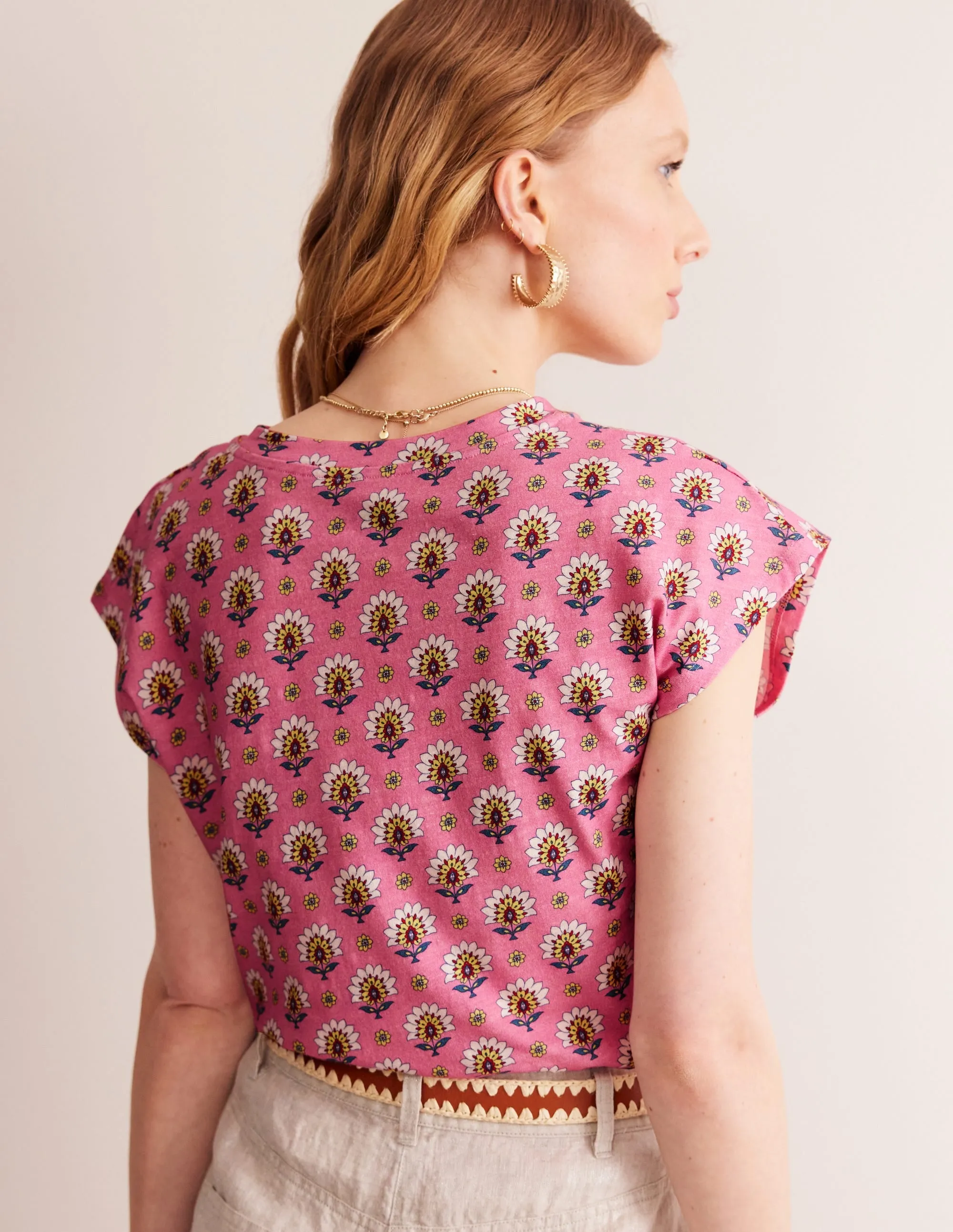 Louisa Printed Slub T-Shirt-Rose Damask, Passion Geo