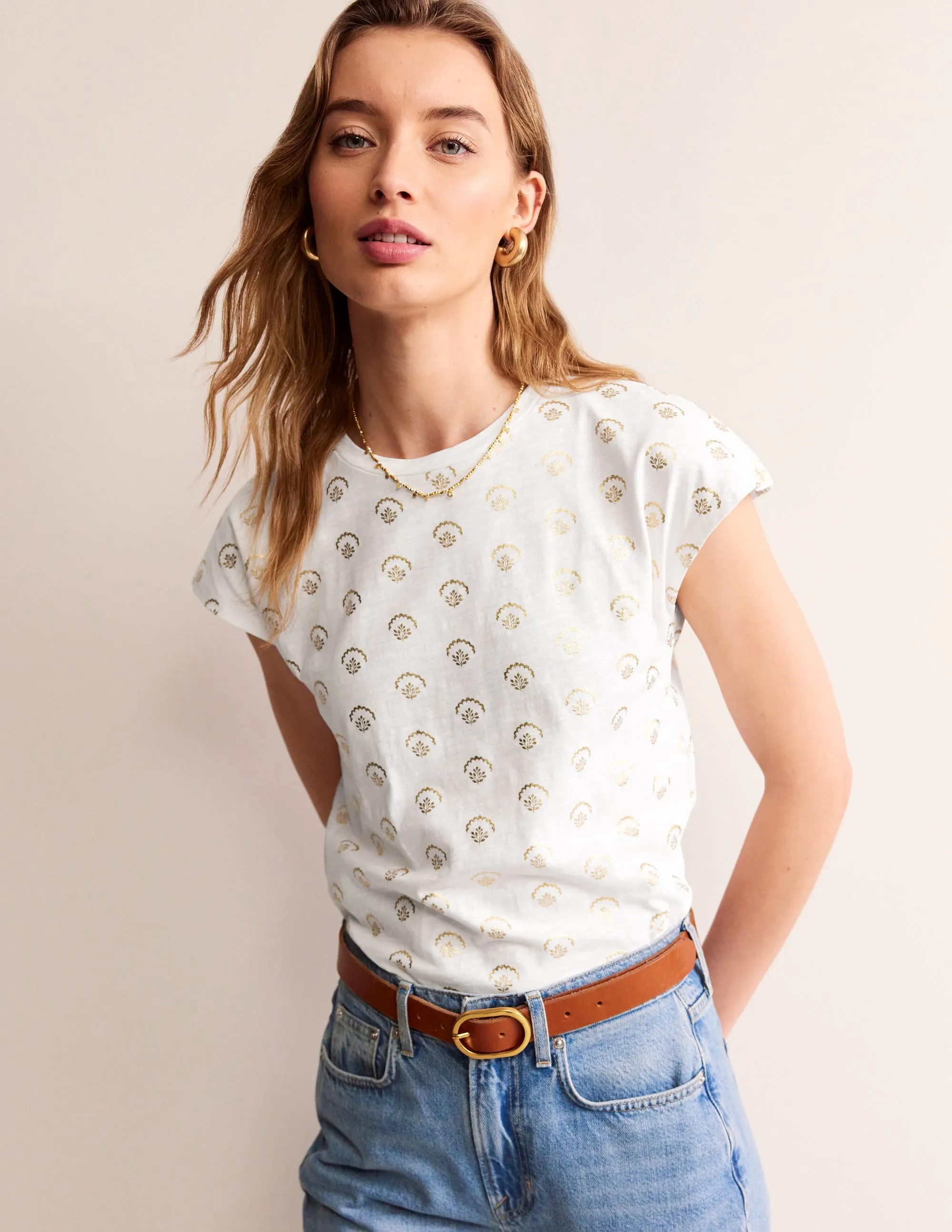 Louisa Printed Slub T-Shirt-White, Ditsy Vine Foil