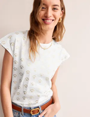 Louisa Printed Slub T-Shirt-White, Ditsy Vine Foil