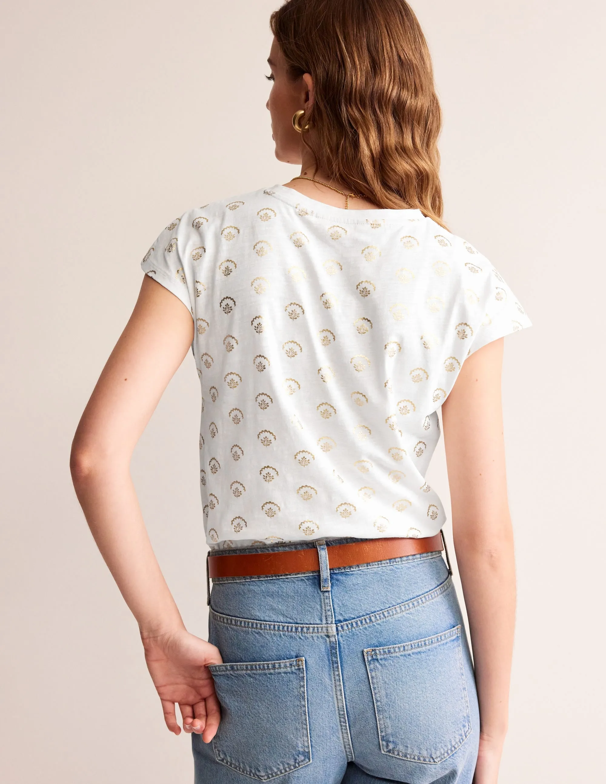 Louisa Printed Slub T-Shirt-White, Ditsy Vine Foil