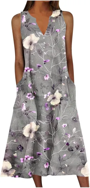 Maxi Dress for Women Plus Size Summer Floral Sleeveless V Neck Sundress Beach Vacation Long Tank Dress with Pockets