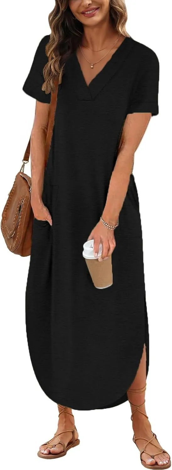 Maxi Dress for Women Summer Casual Loose Short Sleeve Long T Shirt Dress Split Beach Sundress Travel Vacation Outfits