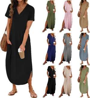 Maxi Dress for Women Summer Casual Loose Short Sleeve Long T Shirt Dress Split Beach Sundress Travel Vacation Outfits