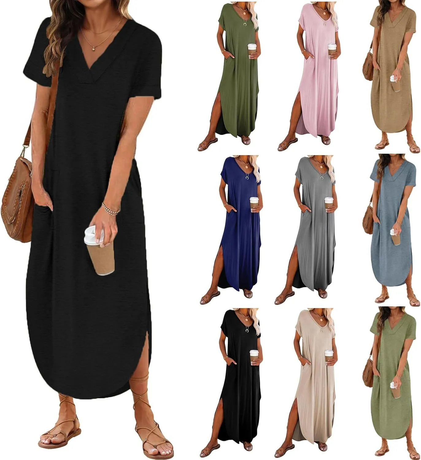 Maxi Dress for Women Summer Casual Loose Short Sleeve Long T Shirt Dress Split Beach Sundress Travel Vacation Outfits