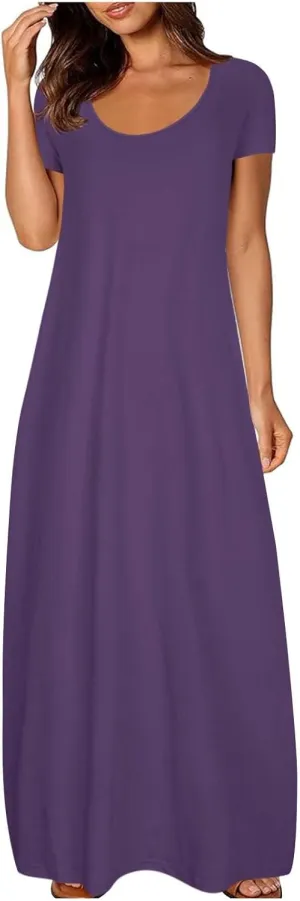 Maxi Dresses for Women 2025 Casual Short Sleeve Round Neck Summer Dresses Plus Size Loose Fit Long Beach Sundress