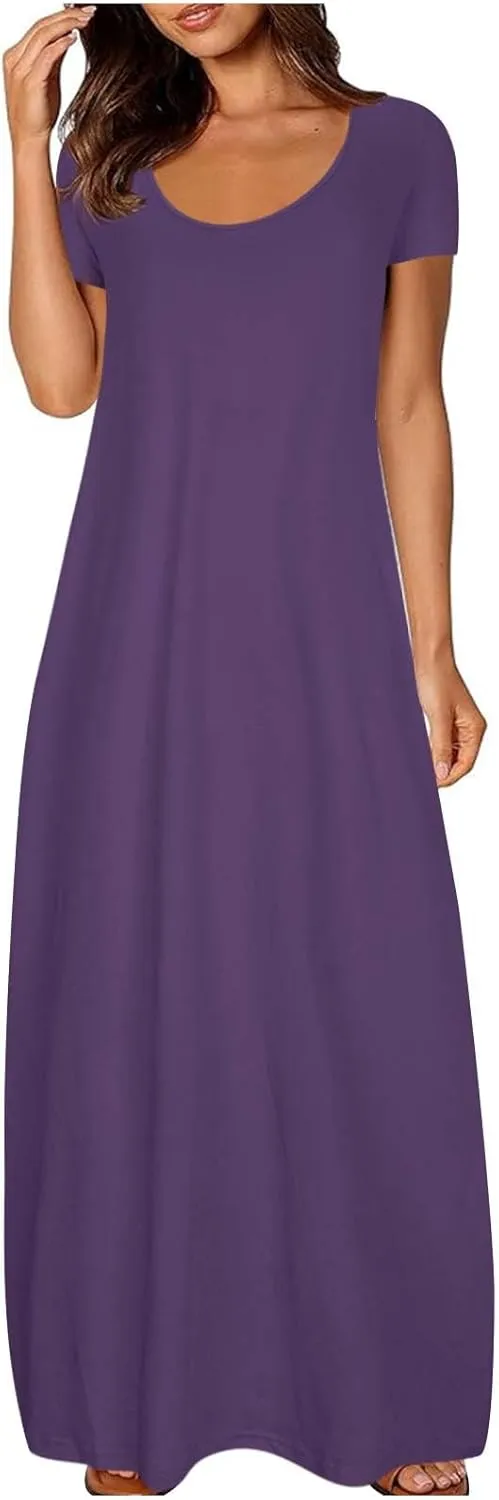 Maxi Dresses for Women 2025 Casual Short Sleeve Round Neck Summer Dresses Plus Size Loose Fit Long Beach Sundress