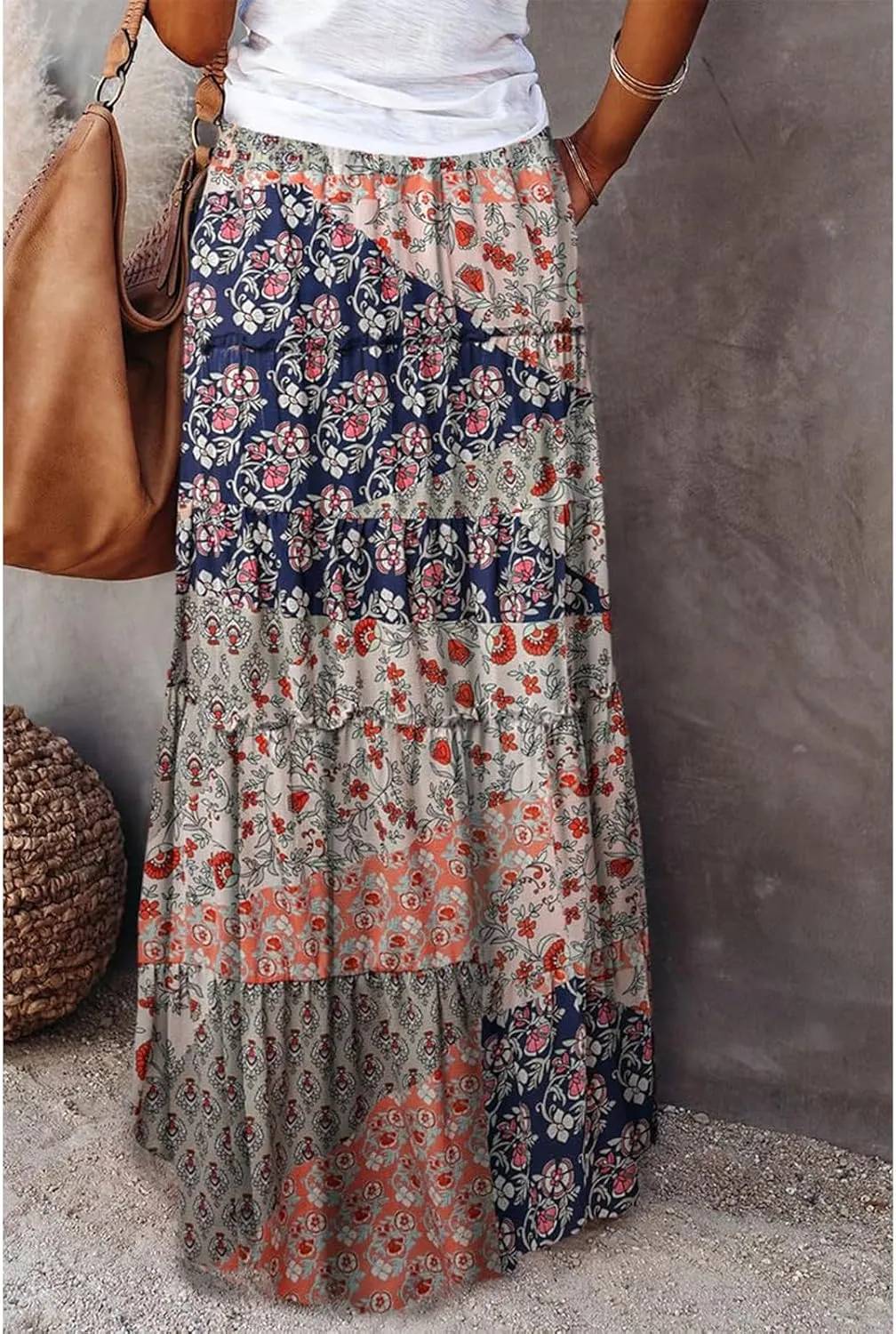 Maxi Skirts for Women Summer Floral Pleated Tiered Boho Flowy Elastic Waist Aline Spring Beach Vacation Long Skirt