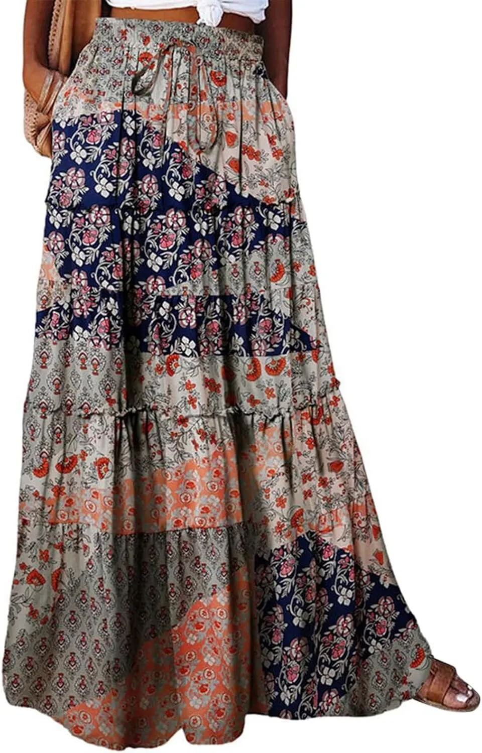 Maxi Skirts for Women Summer Floral Pleated Tiered Boho Flowy Elastic Waist Aline Spring Beach Vacation Long Skirt