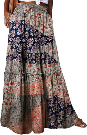 Maxi Skirts for Women Summer Floral Pleated Tiered Boho Flowy Elastic Waist Aline Spring Beach Vacation Long Skirt