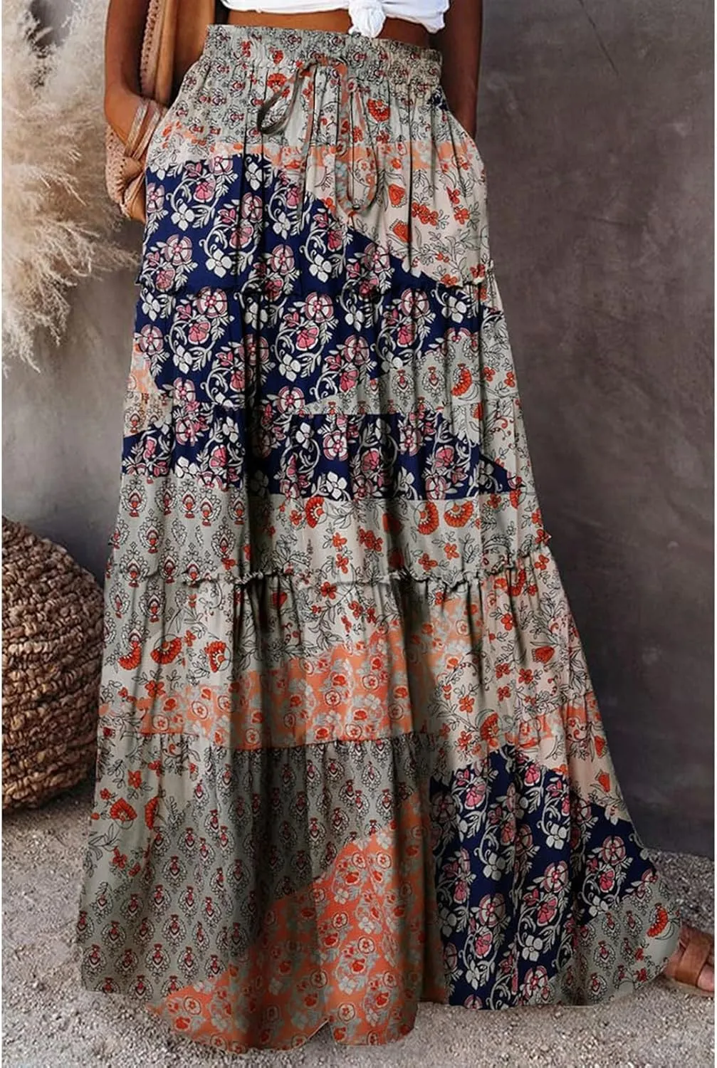 Maxi Skirts for Women Summer Floral Pleated Tiered Boho Flowy Elastic Waist Aline Spring Beach Vacation Long Skirt
