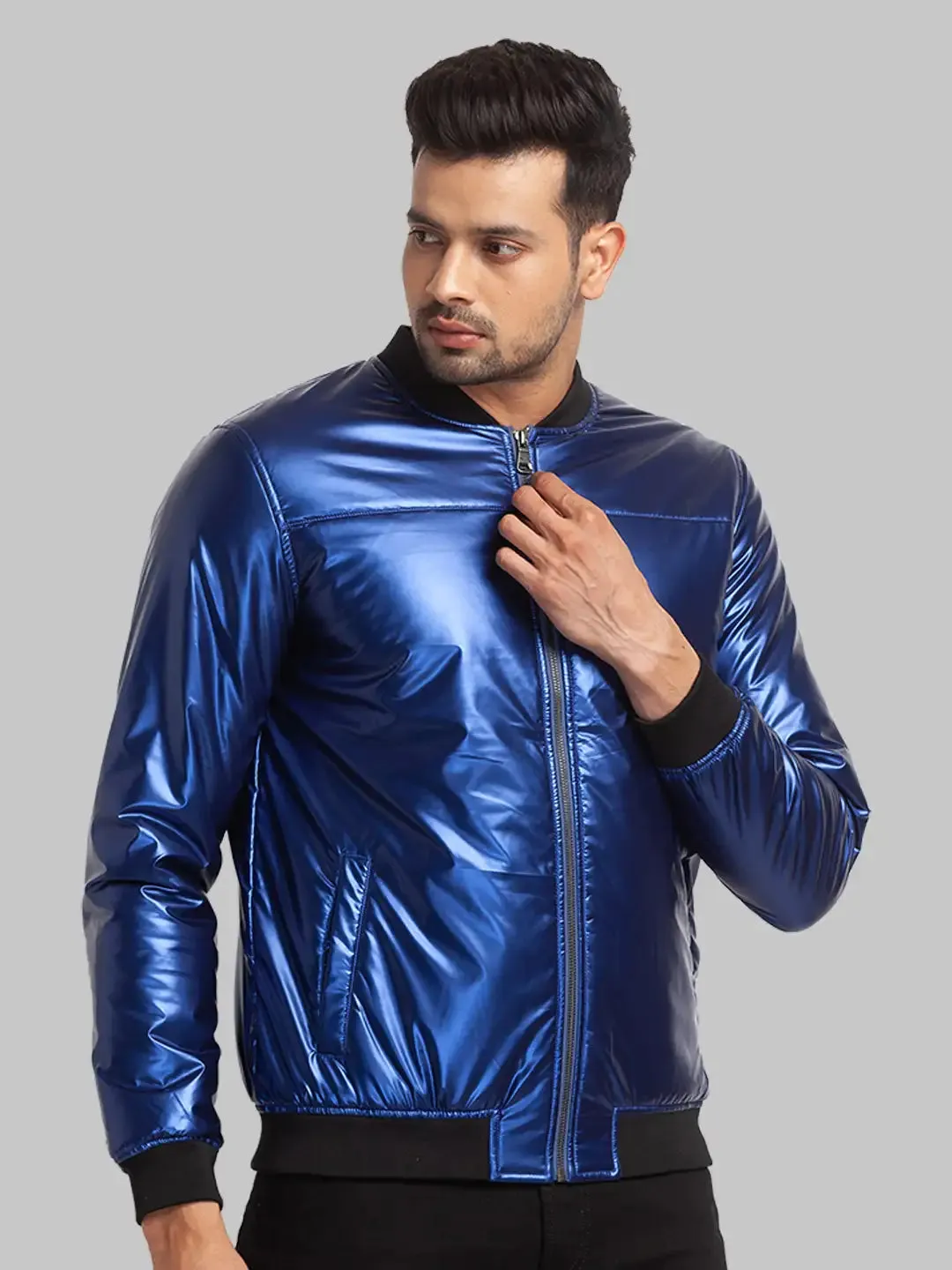 Men Blue Plain Polyester Full Sleeve Bomber Jackets