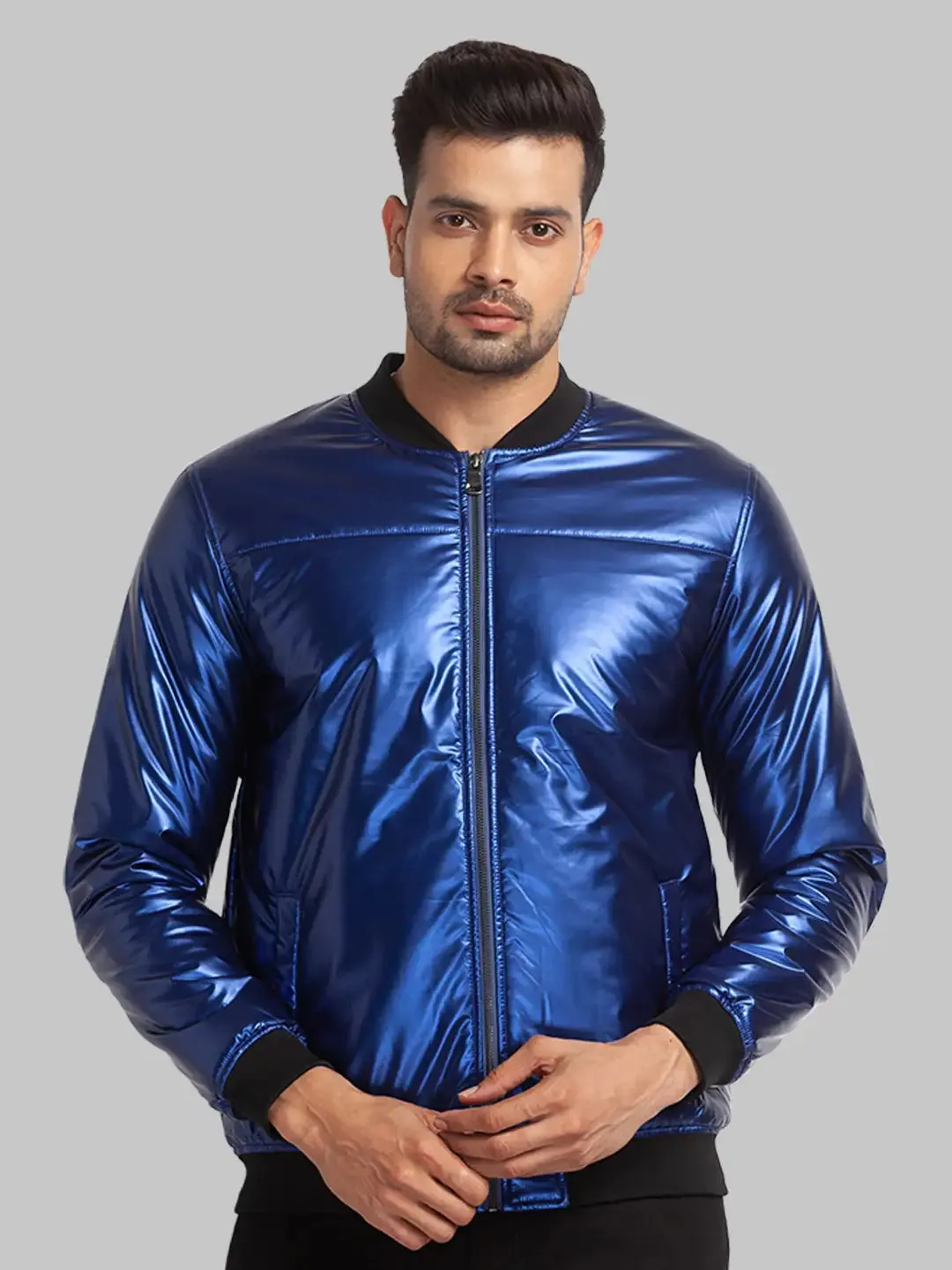 Men Blue Plain Polyester Full Sleeve Bomber Jackets