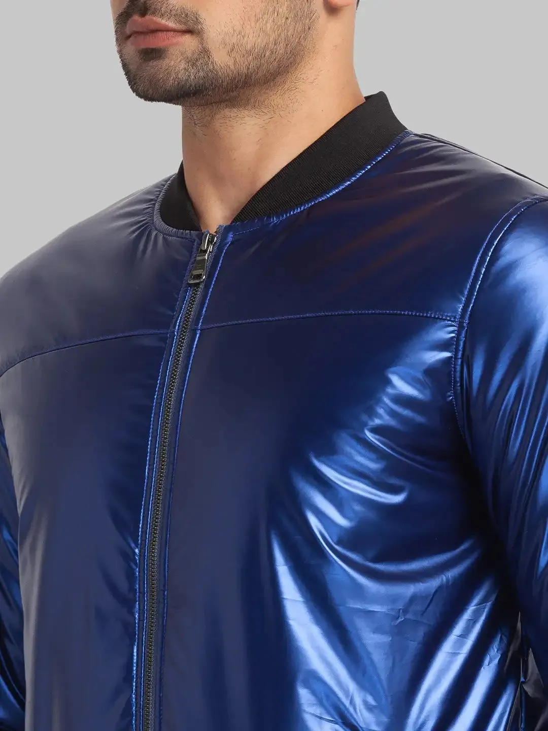 Men Blue Plain Polyester Full Sleeve Bomber Jackets
