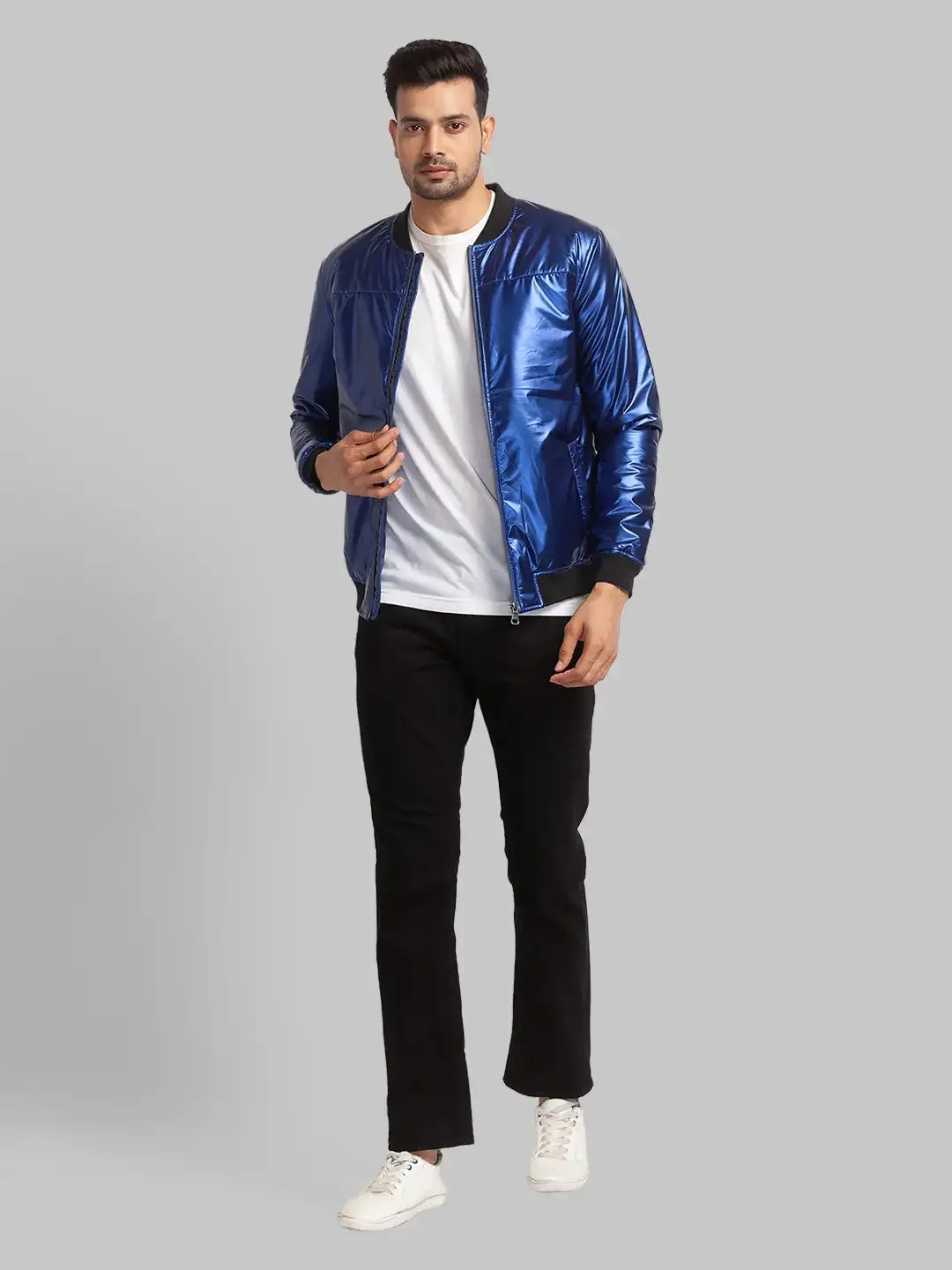 Men Blue Plain Polyester Full Sleeve Bomber Jackets