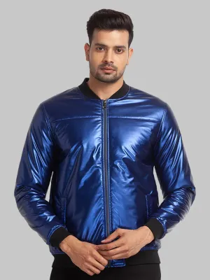 Men Blue Plain Polyester Full Sleeve Bomber Jackets