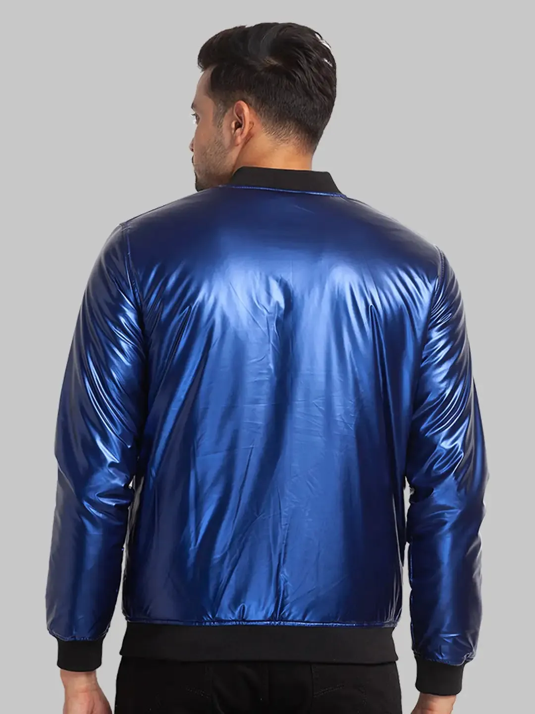 Men Blue Plain Polyester Full Sleeve Bomber Jackets