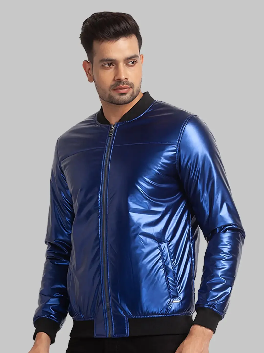 Men Blue Plain Polyester Full Sleeve Bomber Jackets