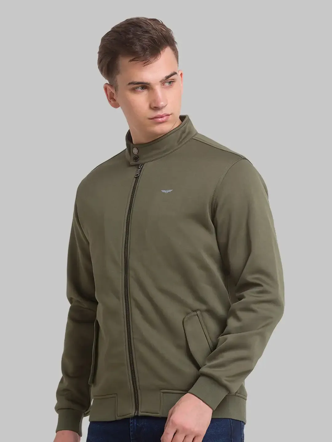 Men Green Solid Polyester Full Sleeve Bomber Jackets