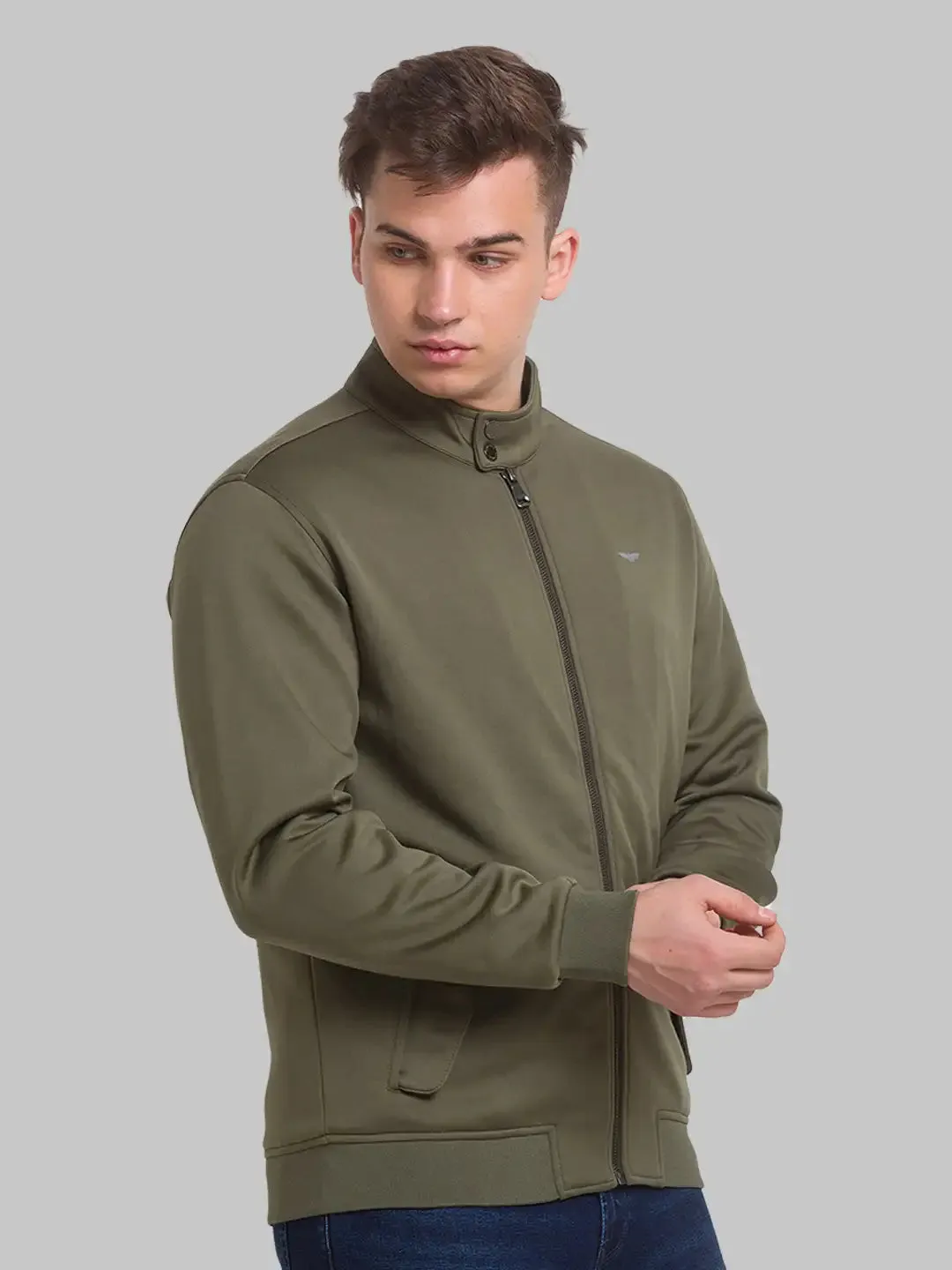 Men Green Solid Polyester Full Sleeve Bomber Jackets