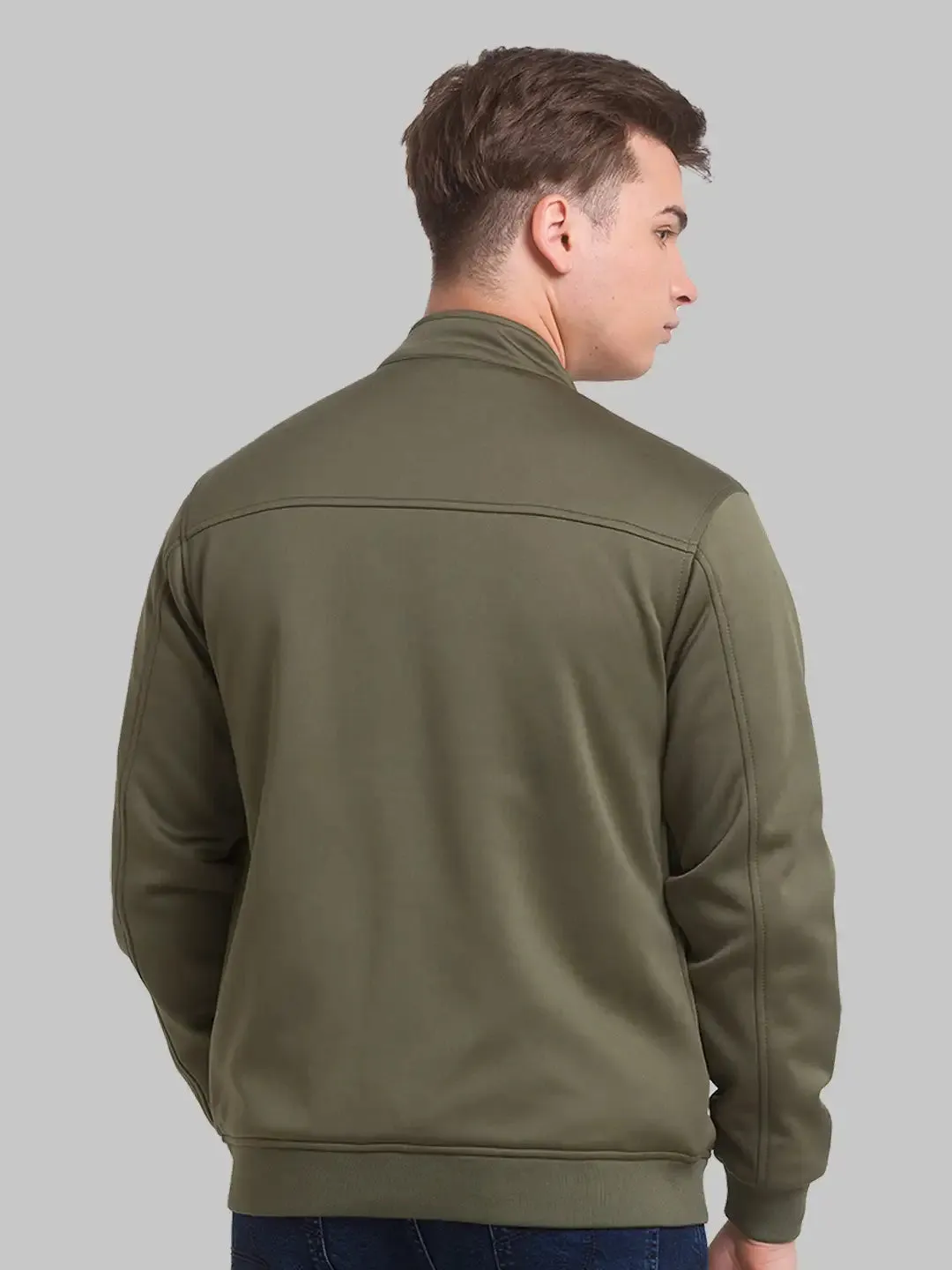 Men Green Solid Polyester Full Sleeve Bomber Jackets
