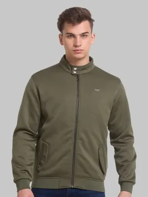 Men Green Solid Polyester Full Sleeve Bomber Jackets