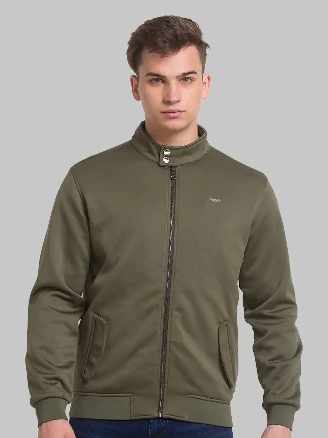 Men Green Solid Polyester Full Sleeve Bomber Jackets