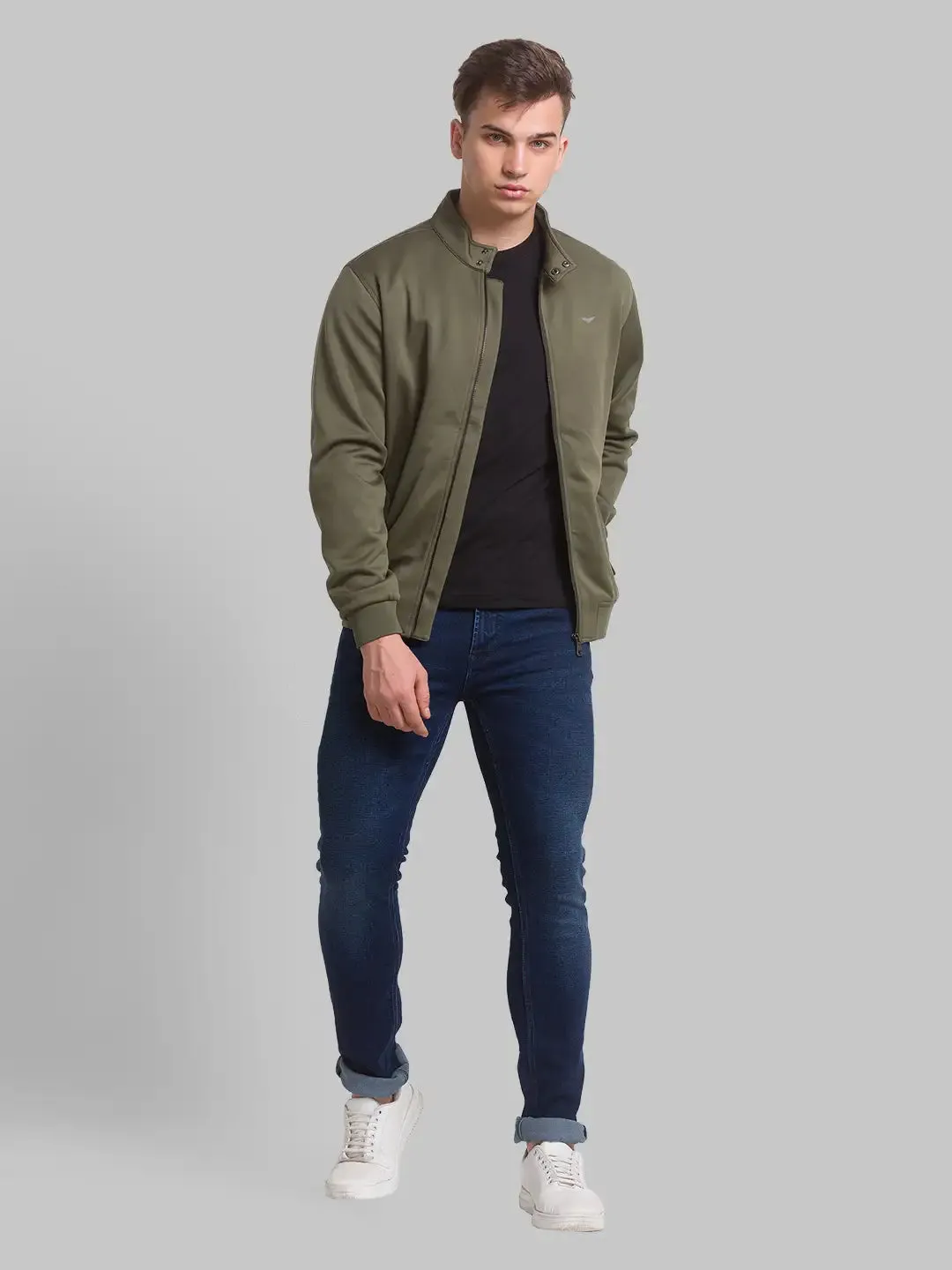 Men Green Solid Polyester Full Sleeve Bomber Jackets