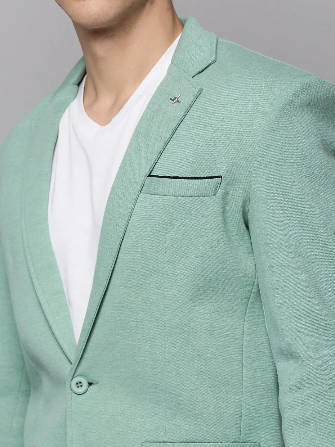 Men Sea Green Single-Breasted Casual Blazer