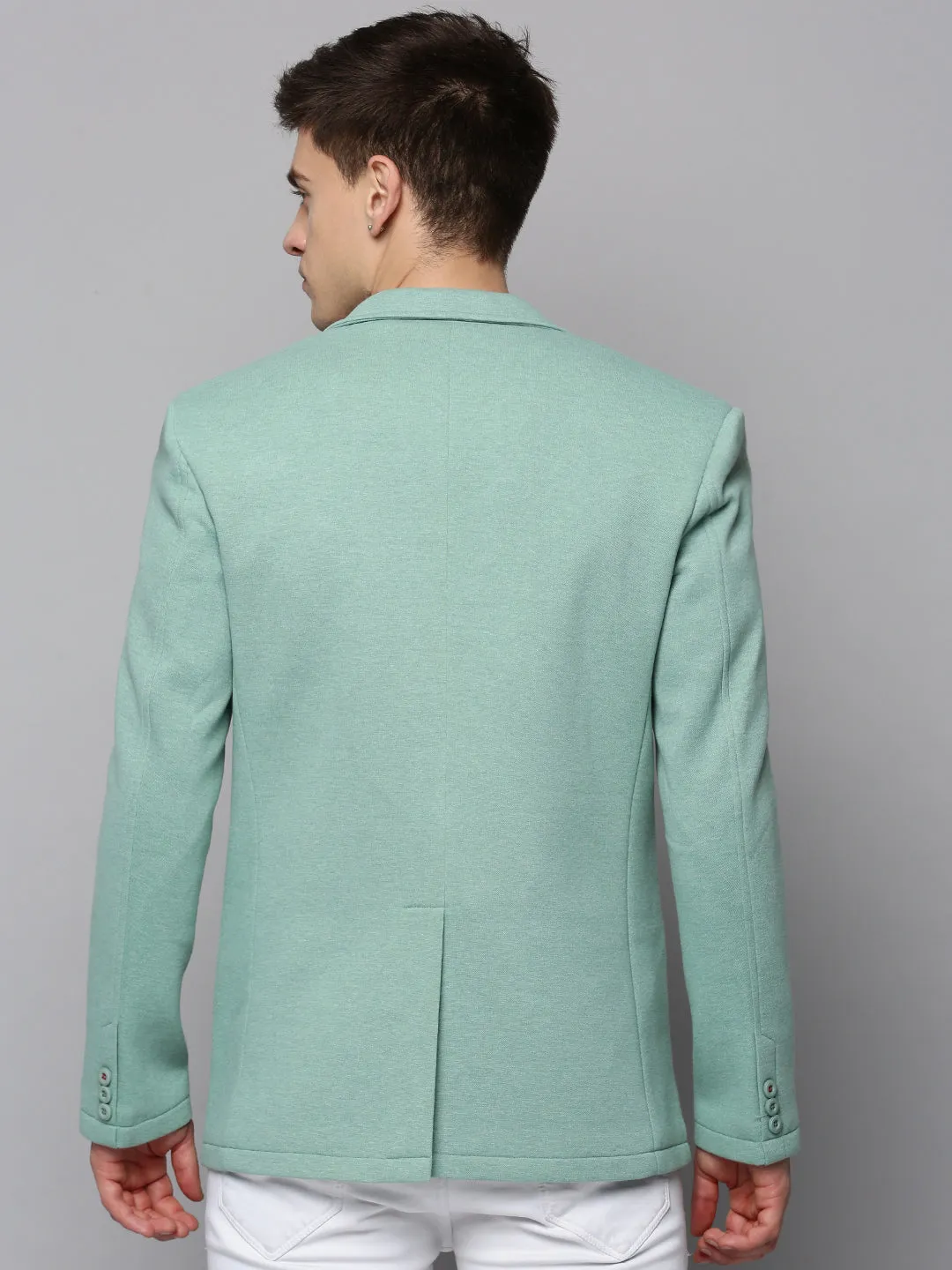 Men Sea Green Single-Breasted Casual Blazer
