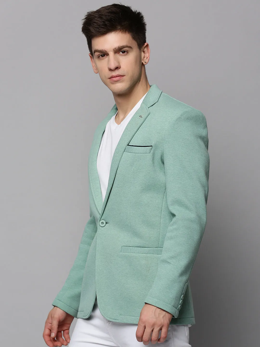 Men Sea Green Single-Breasted Casual Blazer