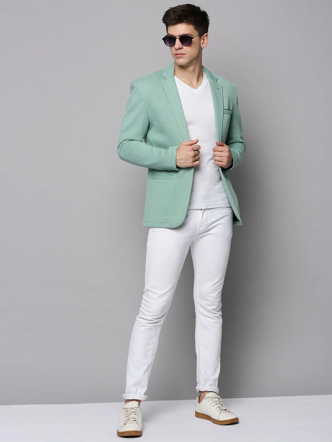 Men Sea Green Single-Breasted Casual Blazer