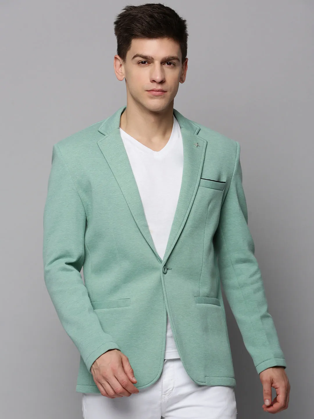Men Sea Green Single-Breasted Casual Blazer