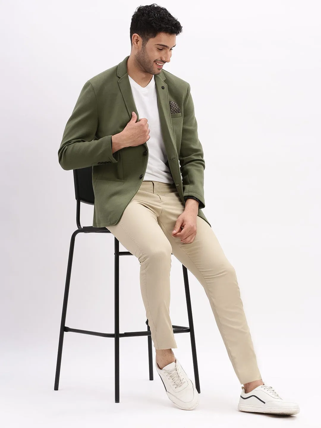 Men Solid Green Single Breasted Casual Blazer