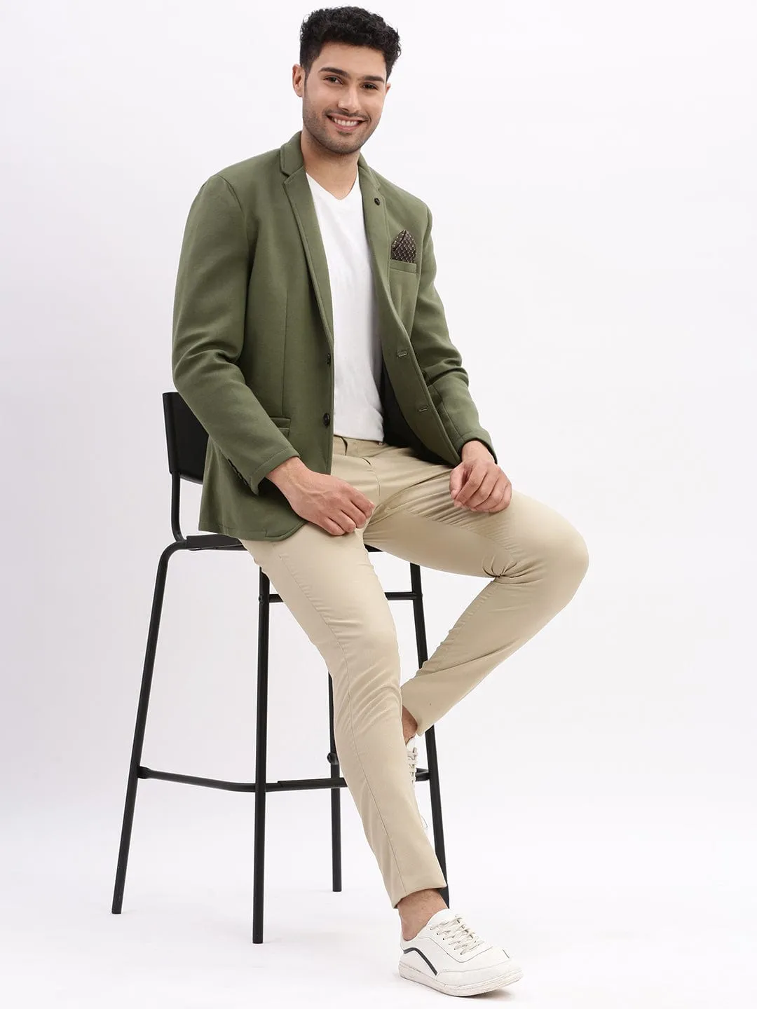 Men Solid Green Single Breasted Casual Blazer