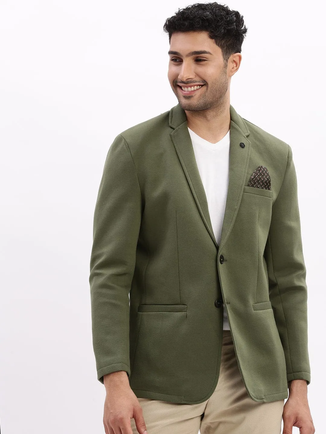 Men Solid Green Single Breasted Casual Blazer